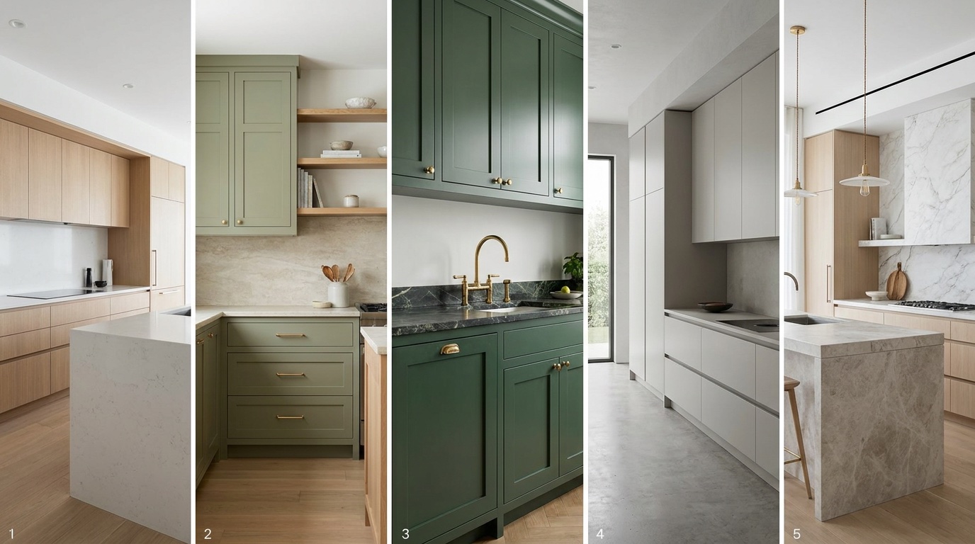 Mood board éditorial montrant cinq ambiances de cuisine premium