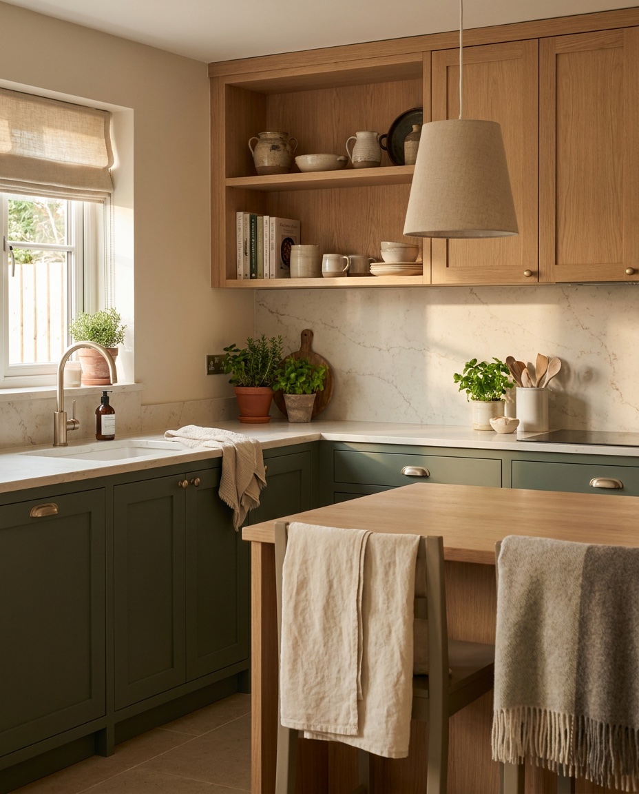 Cuisine cocooning vert sauge avec bois clair et finitions chaleureuses.