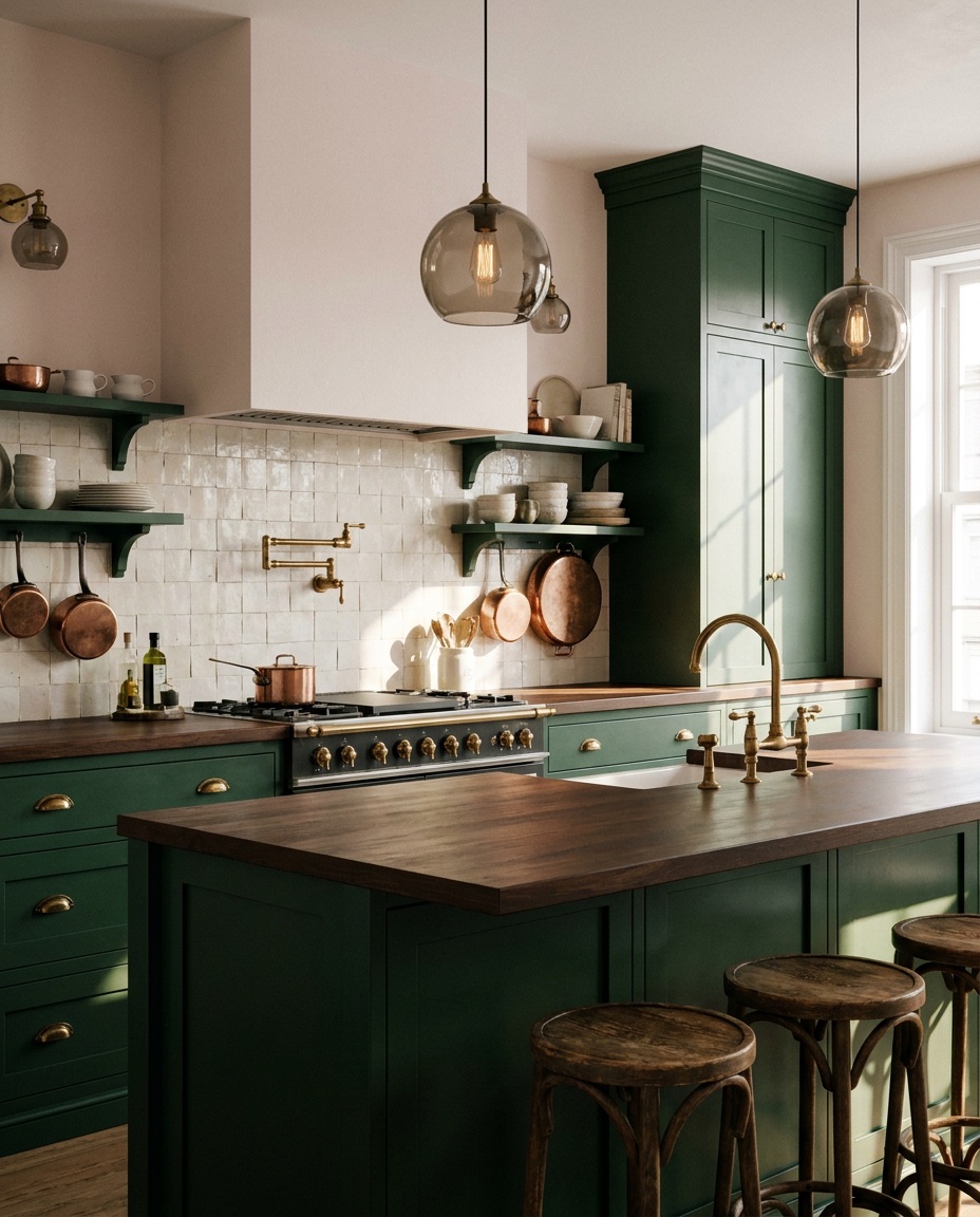 Cuisine bistrot moderne vert anglais, bois sombre et touches de laiton.