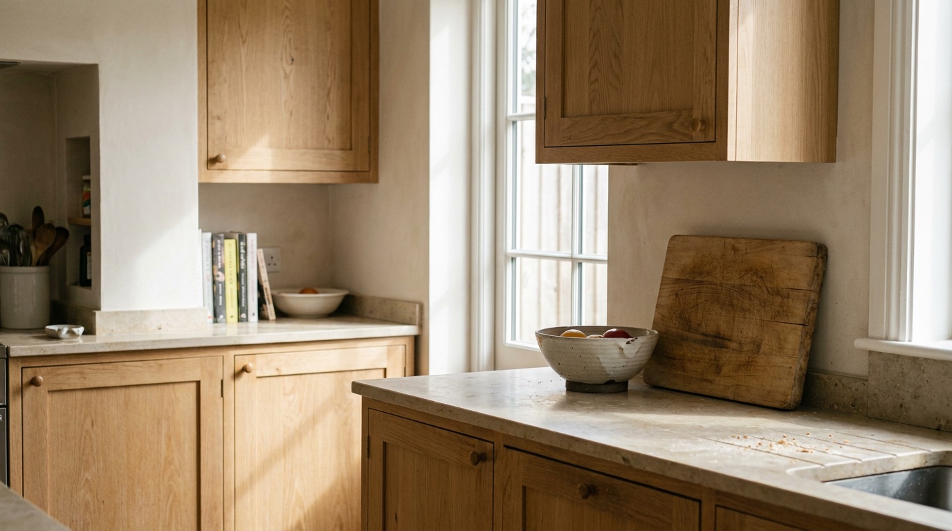 Cuisine chaleureuse en bois clair et blanc cassé, lumière naturelle douce