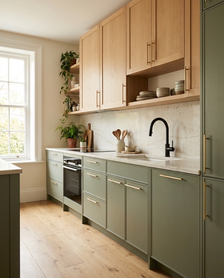 Cuisine élégante vert sauge, bois clair, plan blanc veiné et touches de laiton.