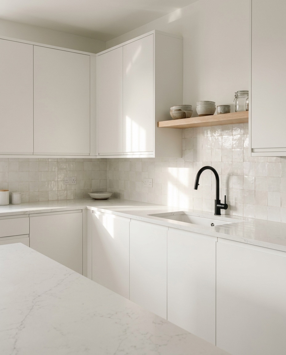 Cuisine blanche minimaliste avec plan veiné et crédence zellige blanc cassé.