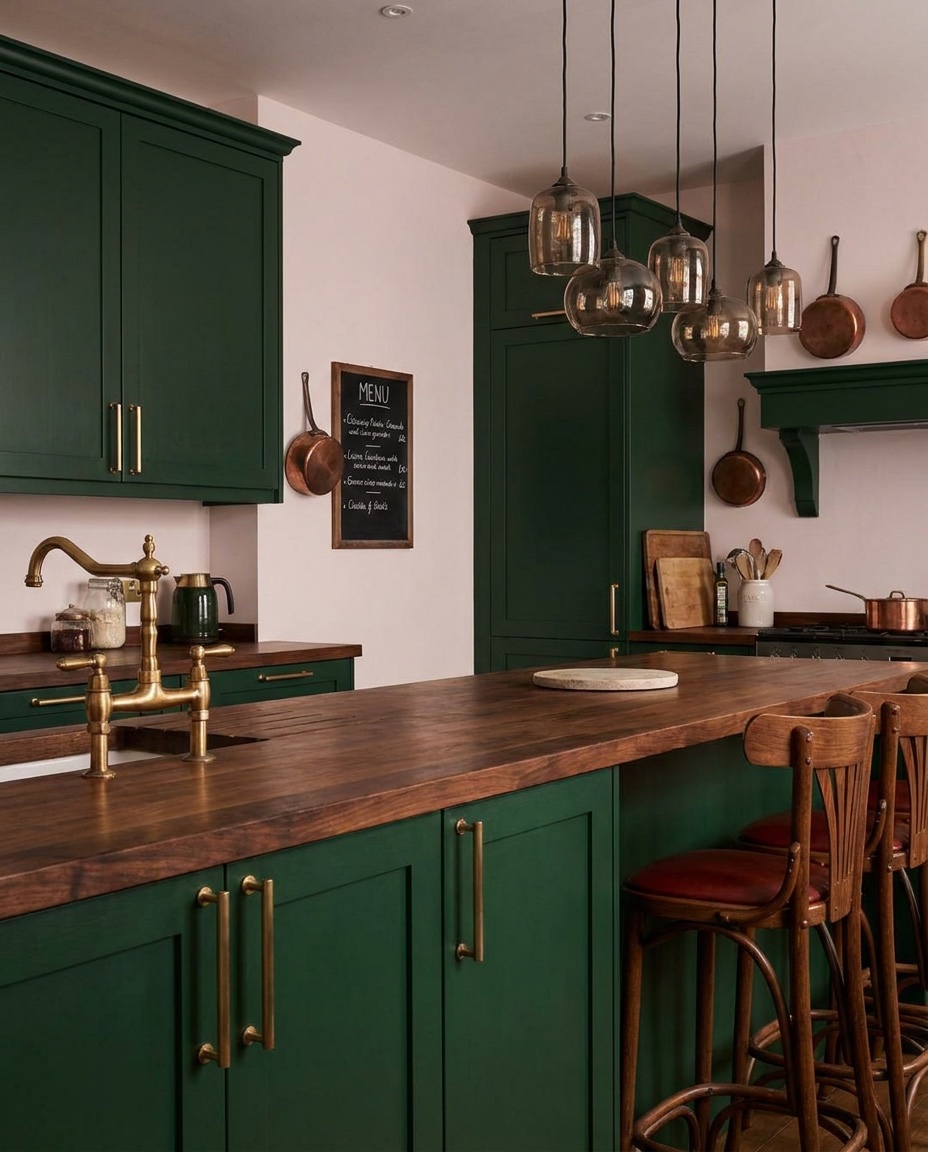 Cuisine esprit bistrot vert anglais, laiton brossé et bois massif sombre.