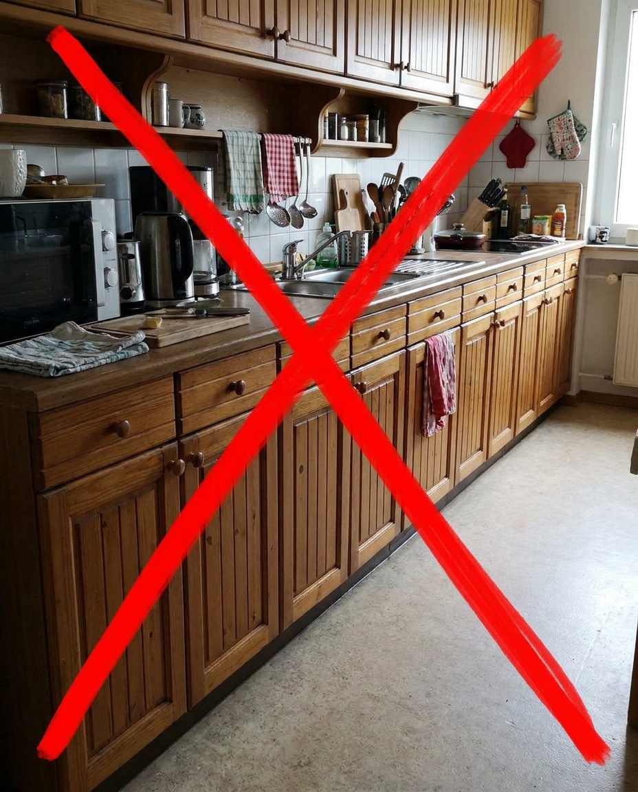 Linéaire de cuisine fragmenté par de nombreux petits meubles bas alignés.