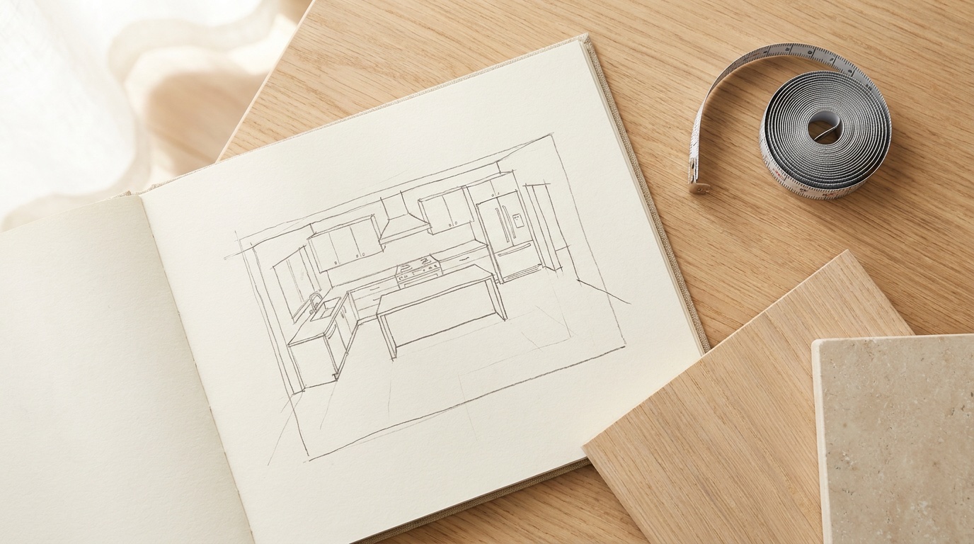 Un carnet ouvert avec un croquis de cuisine, un mètre ruban et des échantillons de matériaux posés sur une table — préparation d'un projet cuisine
