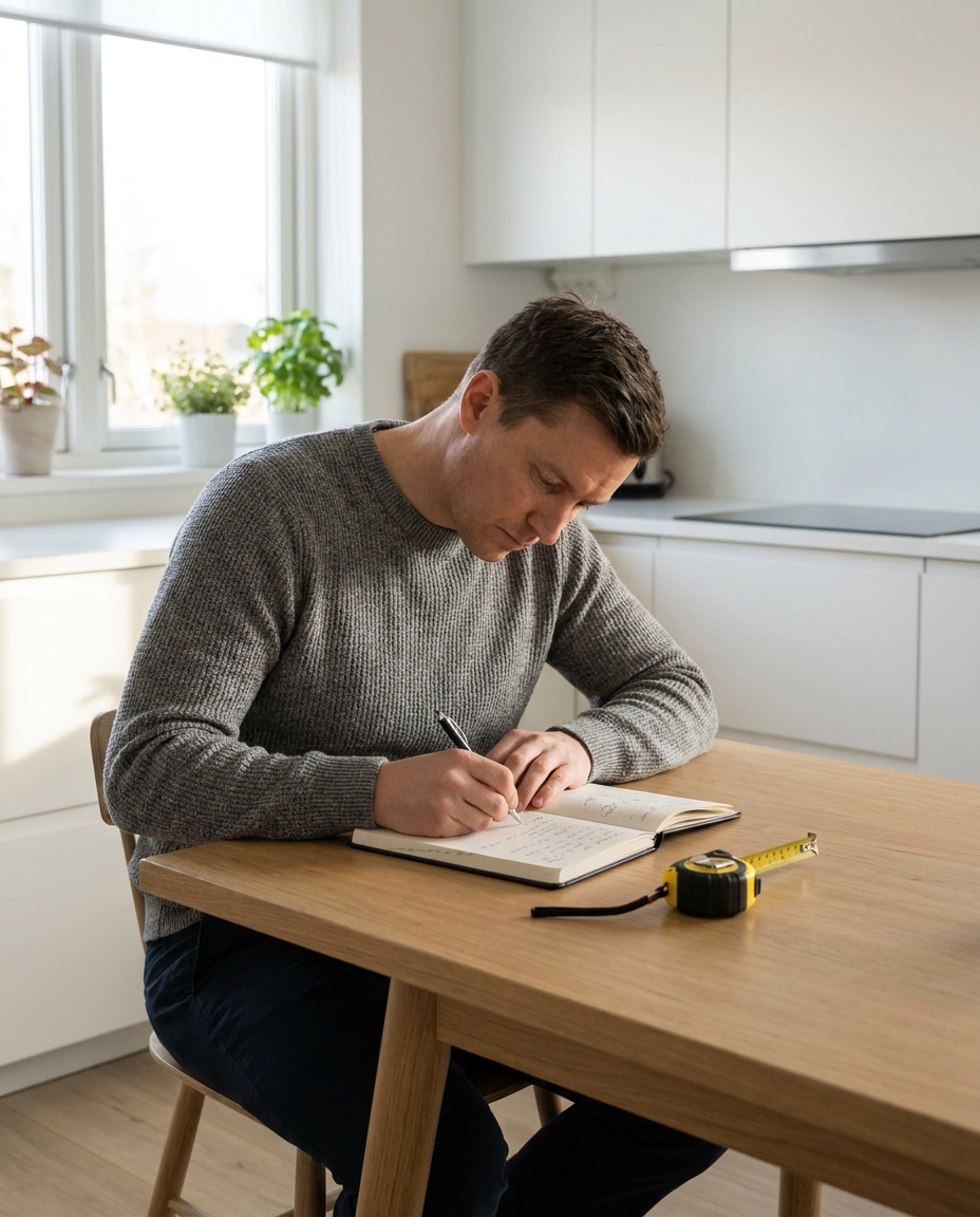 Personne assise à une table de cuisine prenant des notes dans un carnet, mètre ruban à côté — préparation tranquille à la maison.