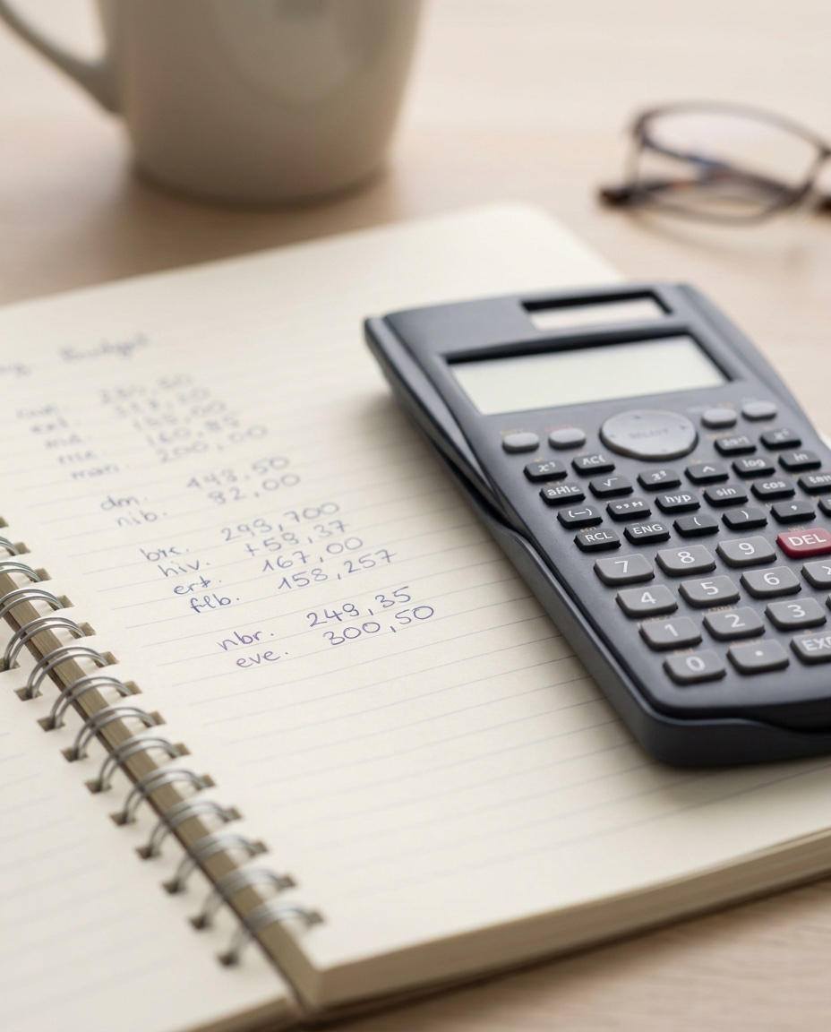Calculatrice posée sur un carnet où sont notés des postes de budget cuisine — gestion financière du projet.