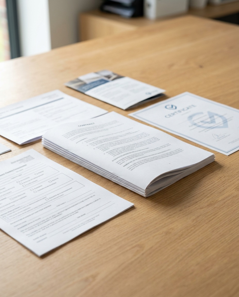 Documents de garantie et carte professionnelle posés à côté d'un contrat — vérification du sérieux de l'entreprise.