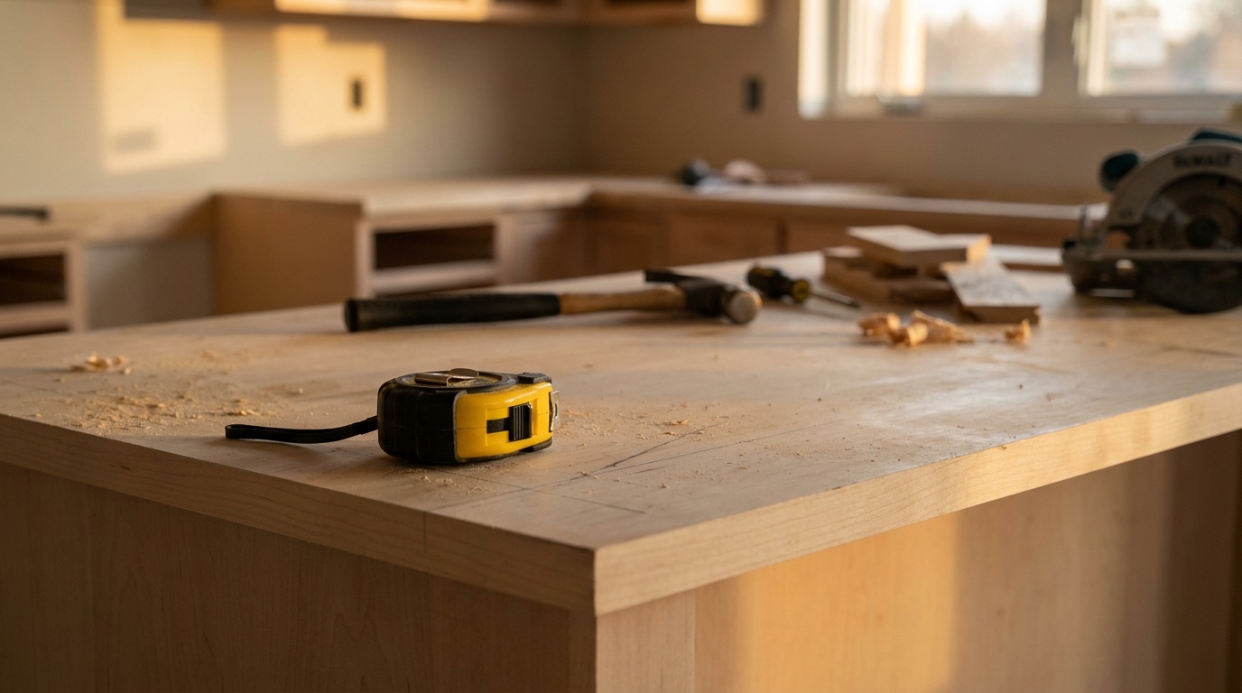 Mètre ruban professionnel posé sur un plan de travail en chantier de cuisine inachevée