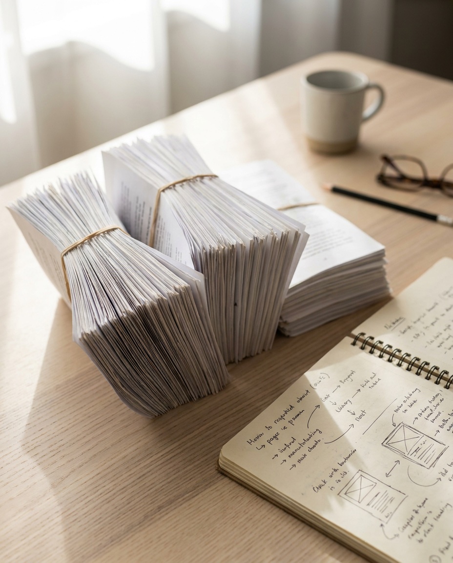 Trois devis de cuisine étalés côte à côte sur une table, avec un carnet de notes — comparaison méthodique.