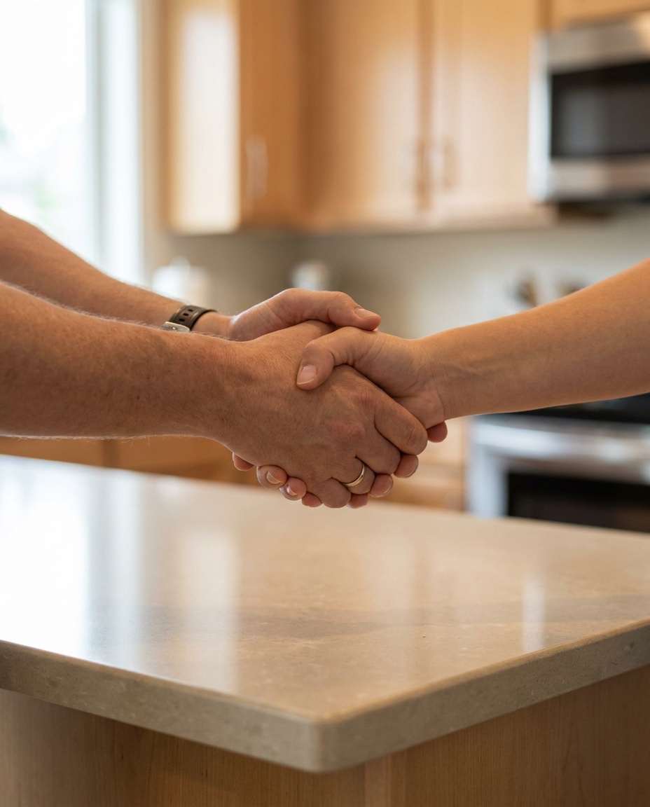 Poignée de main cordiale au-dessus d'un plan de cuisine — accord équilibré entre client et cuisiniste.