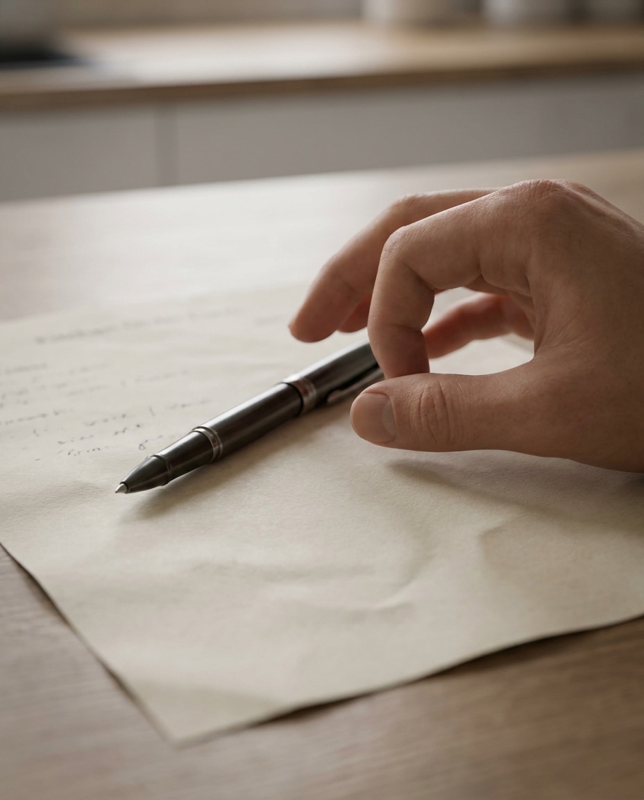 Stylo posé sur un bon de commande de cuisine, main qui hésite avant de signer — moment de la décision finale.