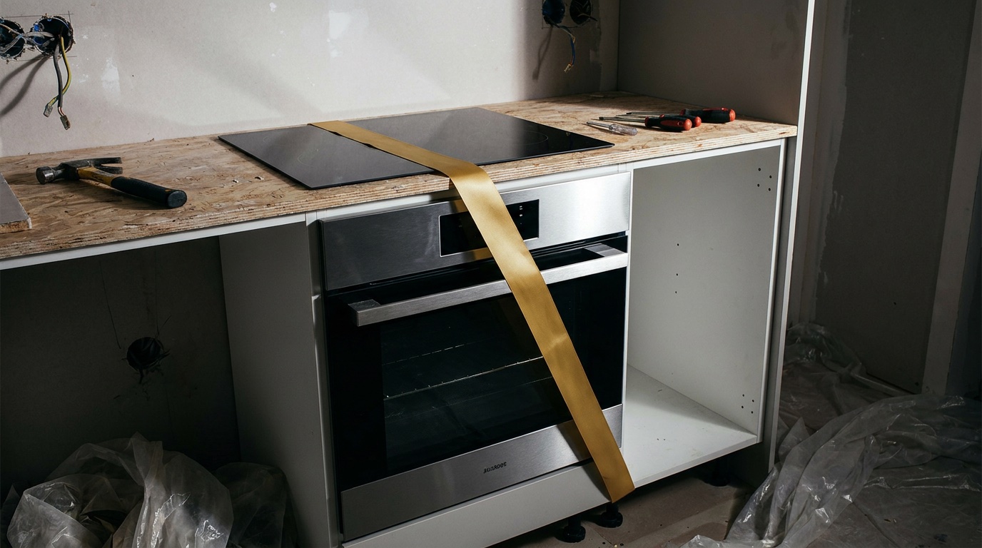 Four encastré et plaque à induction dans une cuisine moderne avec ruban cadeau doré