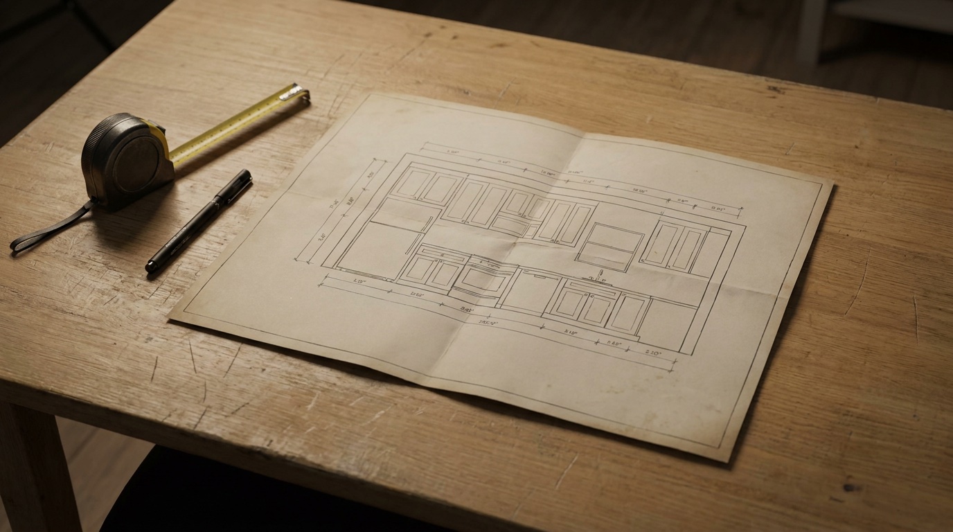 Plan 3D d'une cuisine sur table de showroom, mug de café à côté, lumière chaude tamisée