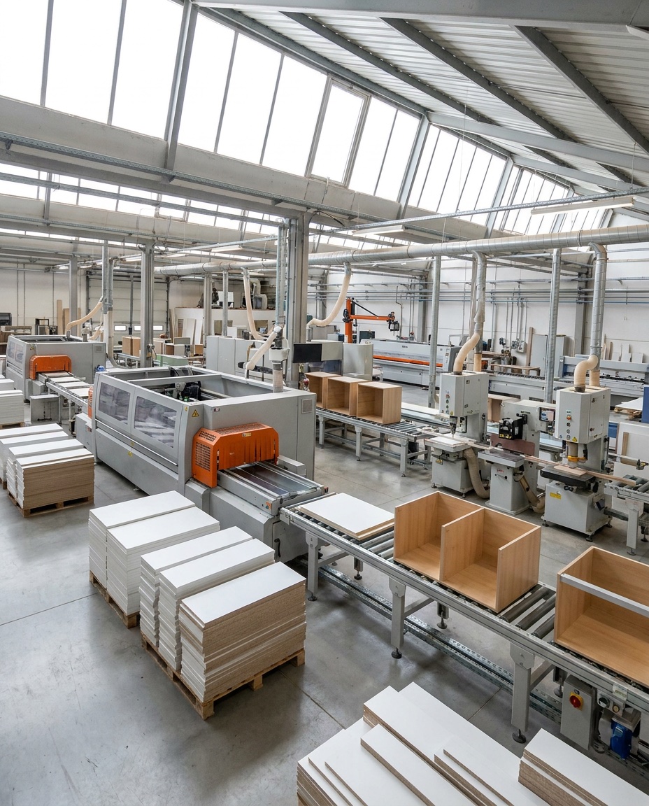 Atelier industriel de caissons de cuisine.