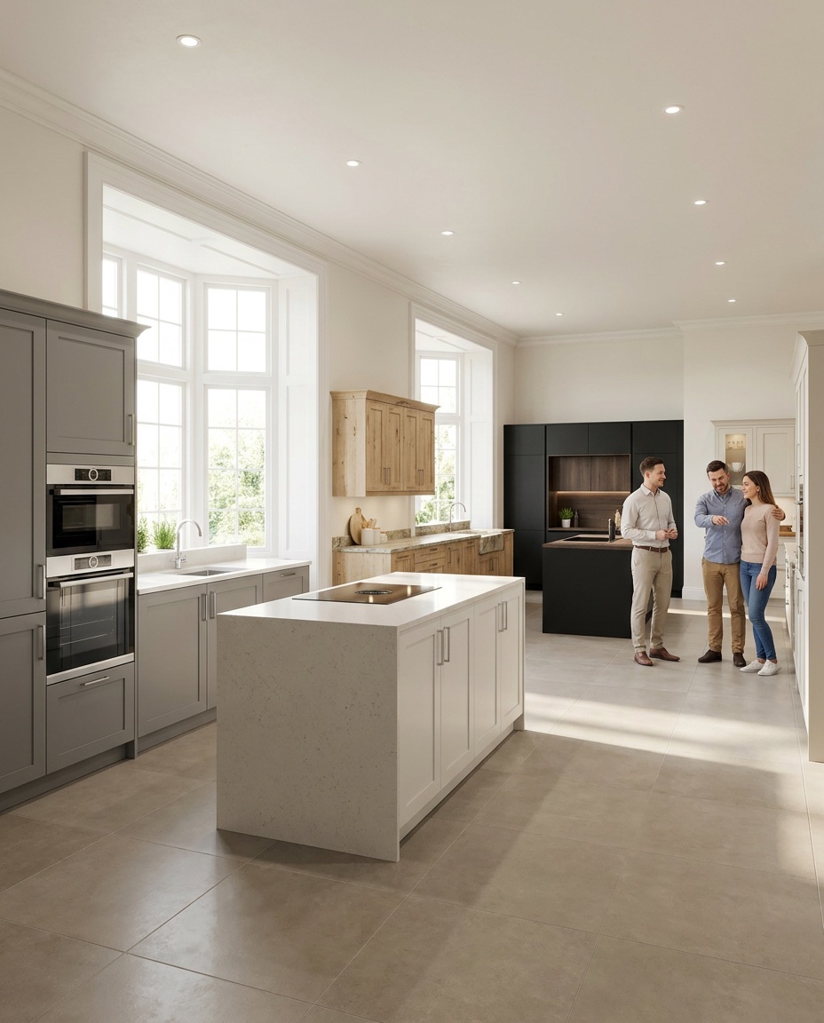 Showroom de cuisine avec une cuisine exposée et un vendeur en discussion avec un couple — illustration du coût du modèle économique showroom.
