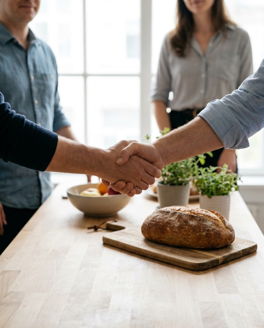 Deux mains qui se serrent au-dessus d'un plan de cuisine posé sur une table — illustration d'une négociation respectueuse.